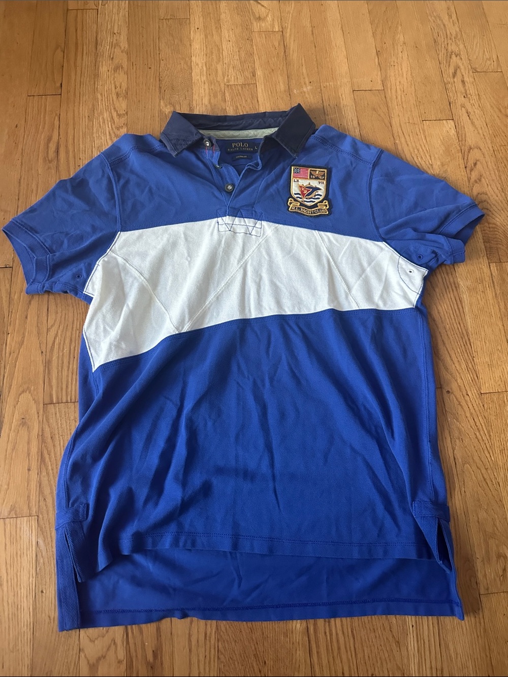 Polo by Ralph Lauren Blue & White Striped Rugby Polo Shirt. Large